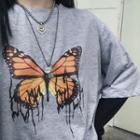 Mock Two-piece Butterfly Print Long-sleeve T-shirt Gray - One Size