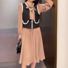 Set: Long-sleeve Pleated Midi A-line Dress + Button-up Sweater Vest