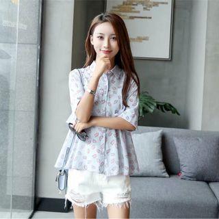 Leaf Print Elbow Sleeve Shirt