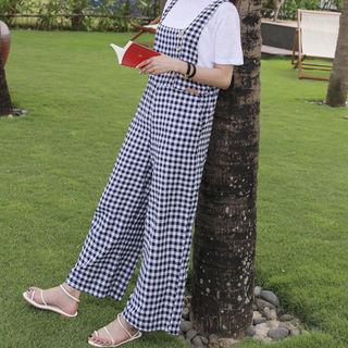 Button-side Gingham Cotton Jumpsuit