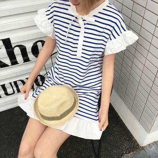 Ruffle Trim Striped Short-sleeve A-line Dress