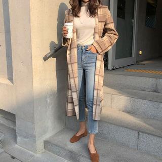 Hidden-button Hooded Checked Coat