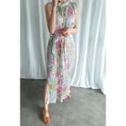 Sleeveless Floral Print Long Dress With Sash