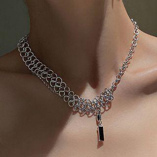 Rectangle Pendant Chain Necklace 1pc - Black & Silver - One Size