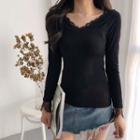 Fleece-lined Long-sleeve Lace-trim Top Fleece Lining - Black - One Size