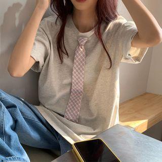 Short-sleeve Plaid Tie Plain T-shirt