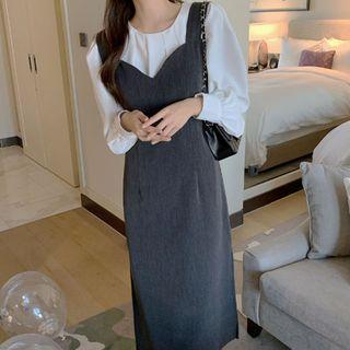 Puff-sleeve Blouse / Sleeveless Midi Dress / Set