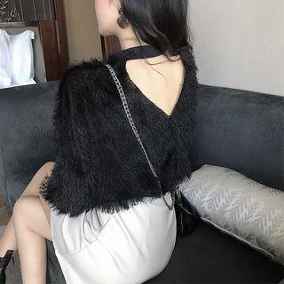 Plain Furry Open-back Long-sleeve Top
