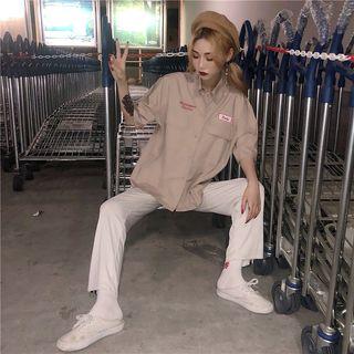 Elbow-sleeve Lettering Shirt / Leopard Print Necktie / Set