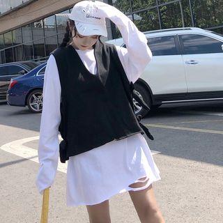 Set: Long Sleeve Plain T-shirt Dress + Vest As Shown In Figure - One Size