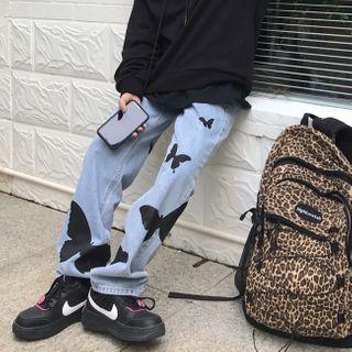 Letter Print Hoodie / Butterfly Print Straight-cut Jeans