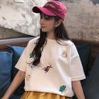 Animal Embroidered Elbow-sleeve T-shirt