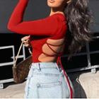 Long-sleeve Lace Up Open Back T-shirt