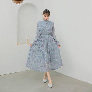 Floral Long Accordion-pleat Dress