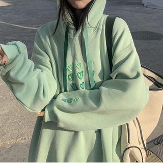 Heart Embroidery Hoodie Green - One Size