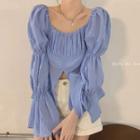 Long-sleeve Slit Blouse Blue - One Size