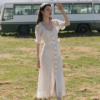 Dotted Short-sleeve Button Midi A-line Dress
