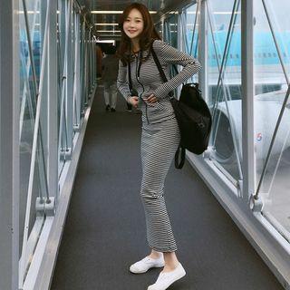 Set: Striped Zip-up Hoodie + Midi Pencil Skirt