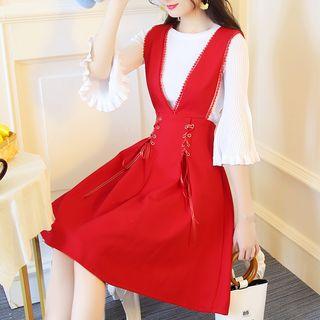 Set: Crew-neck 3/4-sleeve Knit Top + Lace-up A-line Suspender Dress