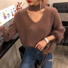 Choker-neck Lace-up Furry Sweater