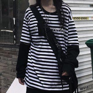 Lettering Striped Mock Two-piece Long-sleeve T-shirt Stripes - Black & White - One Size