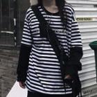 Lettering Striped Mock Two-piece Long-sleeve T-shirt Stripes - Black & White - One Size