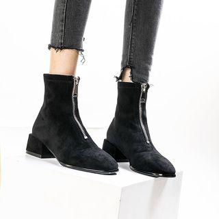 Block Heel Front-zip Short Boots