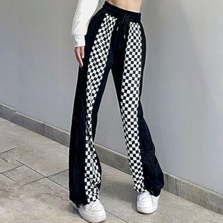 Check Panel High-waist Wide-leg Pants