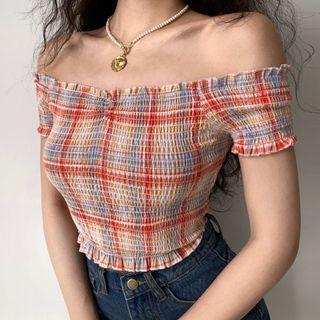 Off-shoulder Plaid Ruched Short-sleeve Top