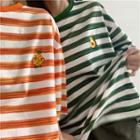 Embroidered Fruit Striped Elbow-sleeve T-shirt