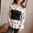 Mock Two-piece Long-sleeve Dotted Collared Top As Shown In Figure - One Size