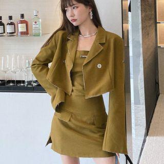 Set Of 2: Long-sleeve Plain Cropped Cardigan + Plain Side-slit Tube Dress