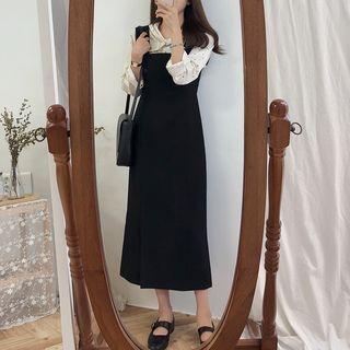 Dotted Tie-neck Blouse / Midi Jumper Dress