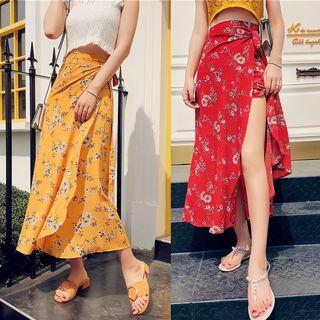 Floral Print Wrap Maxi Skirt