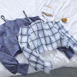 Color-block Plaid Off-shoulder Long-sleeve Blouse