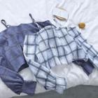 Color-block Plaid Off-shoulder Long-sleeve Blouse