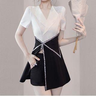 Set: Short-sleeve Collar Two-tone Slit Top + Shorts
