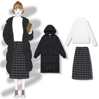 Hood Padded Coat / Long-sleeve Top / Midi A-line Skirt