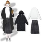 Hood Padded Coat / Long-sleeve Top / Midi A-line Skirt