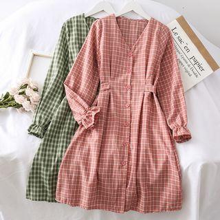 Gingham Ribbon-back V-neck Shirtdress