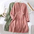 Gingham Ribbon-back V-neck Shirtdress