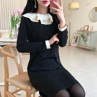 Chiffon Panel Long Sleeve Dress Black - One Size