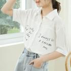 Elbow-sleeve Letter Shirt White - One Size
