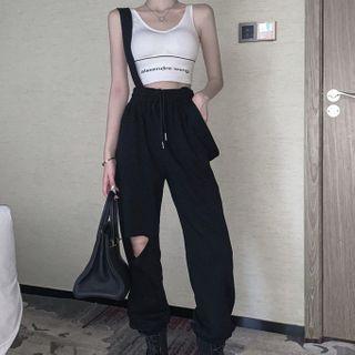 Sleeveless Crop Top / Ripped Jumper Pants