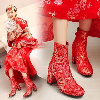 Wedding Patterned Chunky Heel Short Boots