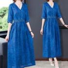Elbow-sleeve Embellished A-line Midi Dress