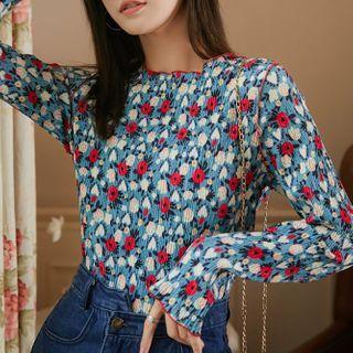 Floral Long-sleeve Top Blue - One Size