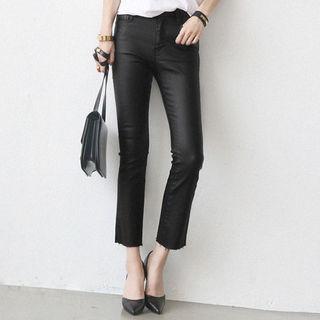 Fray-hem Coated Semi Boot-cut Pants