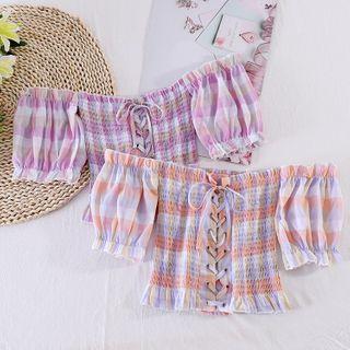 Off-shoulder Plaid Color Block Top