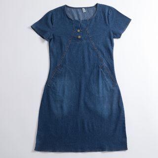 Short-sleeve Denim Midi Shift Dress